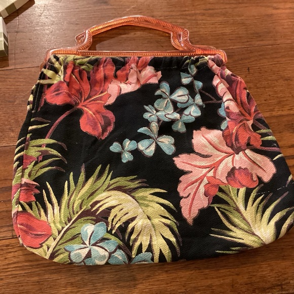 Vintage barkcloth purse, tropical print. - Picture 2 of 7